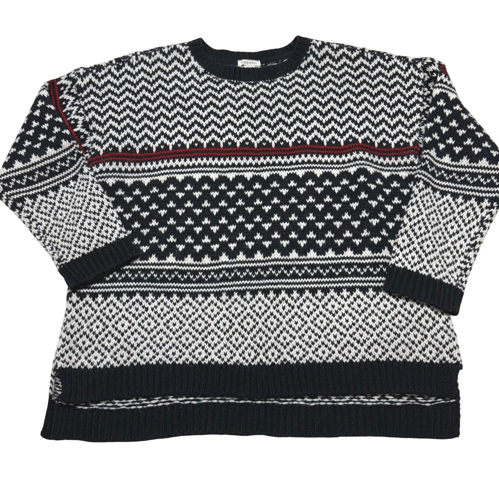 Forever 21 Womens Large Fair Isle‎ Geometric Knit Sweater Black White Red
